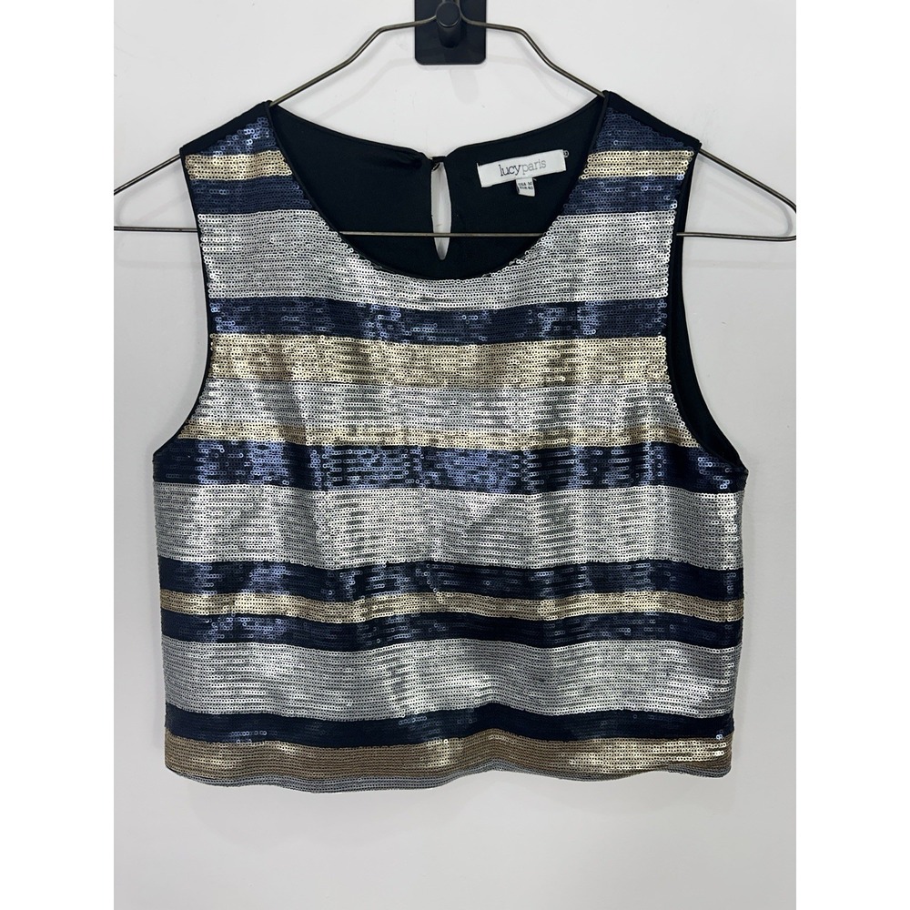 Lucy Paris Sequin Crop Top‎ Gold Silver Navy Striped Party Glam Y2K Size Medium